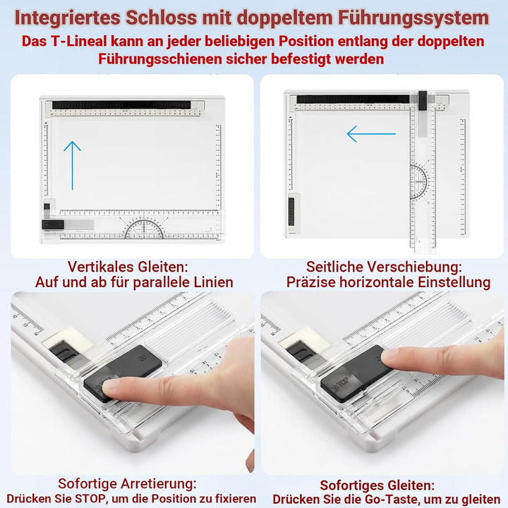 A4 Zeichenbrett, Multifunktional Geo-Board Zeichenplatte Din A4 professionell Zeichentisch mit L‑Win