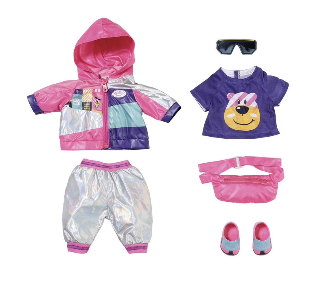 BABY born Zapf Creation 830031 Deluxe Fahrrad Set für 43cm Puppen mit rosa Jacke, lila Shirt, Silber