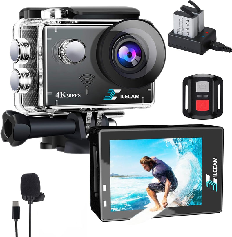 Xilecam Action Cam 4K WiFi/2,4G Fernbedienung 2 * 1350mAh Akku wasserdichte Kamera Unterwasser 131FT