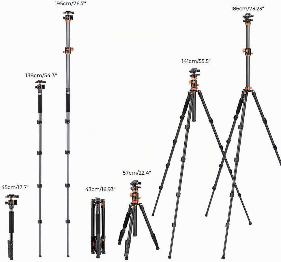K&amp;F Concept 186cm Aluminium Stativ, Kamera Stativ mit 90 Grad Mittelsäulen, Kompaktes Fotostativ mit