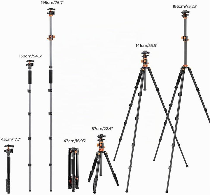 K&amp;F Concept 186cm Aluminium Stativ, Kamera Stativ mit 90 Grad Mittelsäulen, Kompaktes Fotostativ mit