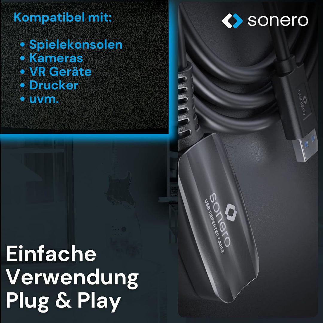 Sonero USB 3.2 Gen1x1 Aktive Verlängerung - A/A - schwarz - 10,00m 10,0 m USB-A auf USB-A, 10,0 m US