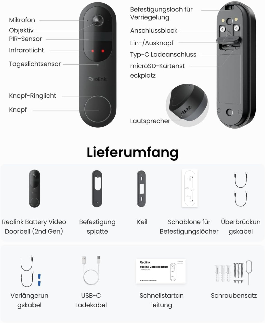 Reolink Video Doorbell (2. Gen), 2K 4MP Akku Türklingel mit Kamera, 1:1 Kopf‑Fuss‑Ansicht, Kabellose
