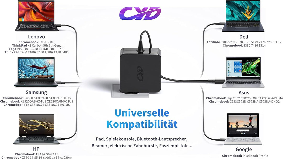 CYD 65W USB C Notebook Netzteil für Ladekabel-Lenovo X280 X380 L390 E480 E490 E580 E590 E495 R480 S1
