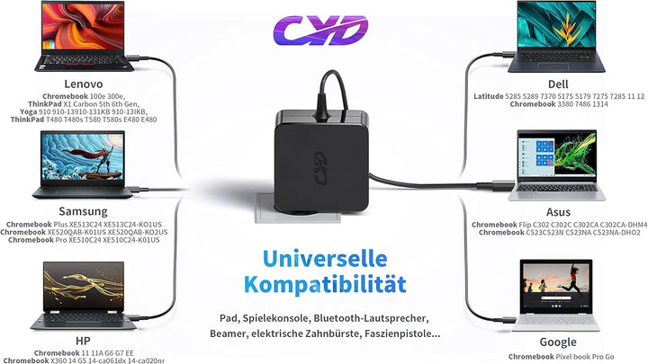 CYD 65W USB C Notebook Netzteil für Ladekabel-Lenovo X280 X380 L390 E480 E490 E580 E590 E495 R480 S1