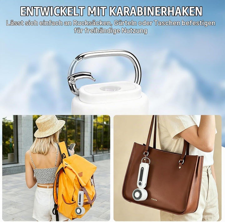 Handventilator mit Kühlung &amp; LED, klappbar – für Reise, Büro, Camping Weiss, Weiss
