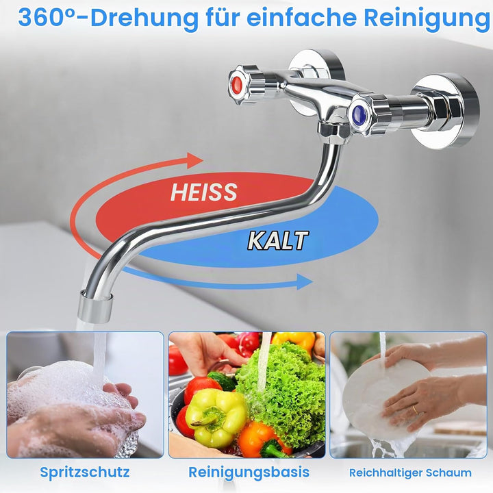 Wand-Zweigriffmischer aus Messing, 360° Schwenkbarer Spültisch, Warm und Kaltwasserschaltung, Wandar