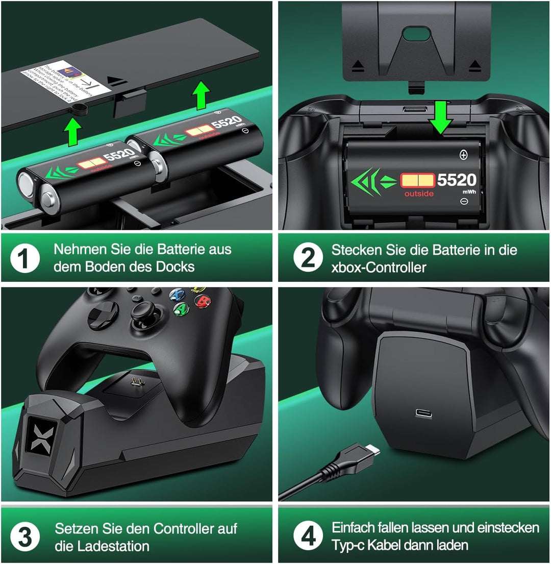 Controller Ladestation mit 2x5520mWh Akku für Xbox Serie X|S, Battery Pack für Xbox One/One S/X/Elit