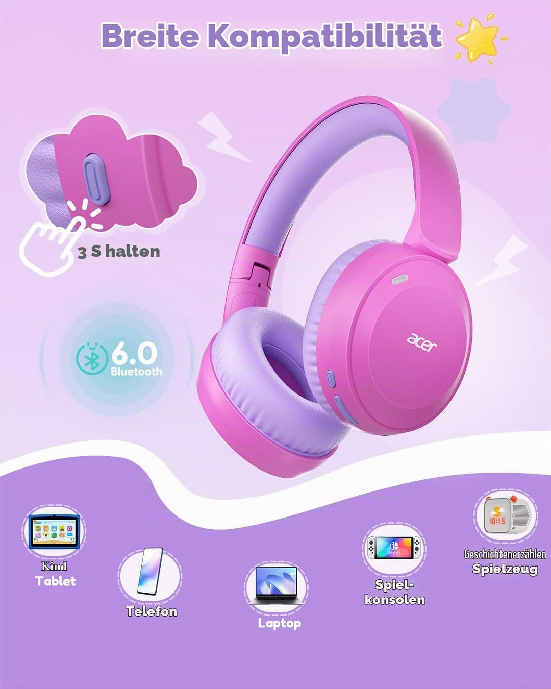 Acer Bluetooth Kopfhörer Kinder, 85/94 dB Lautstärkebegrenzer Rosa 3,5 mm Klinke, Rosa 3,5 mm Klinke