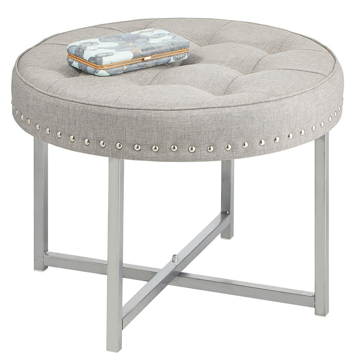 mDesign Sitzhocker – runder Polsterhocker aus Metall und Polyester mit moderner Nietenverzierung – g