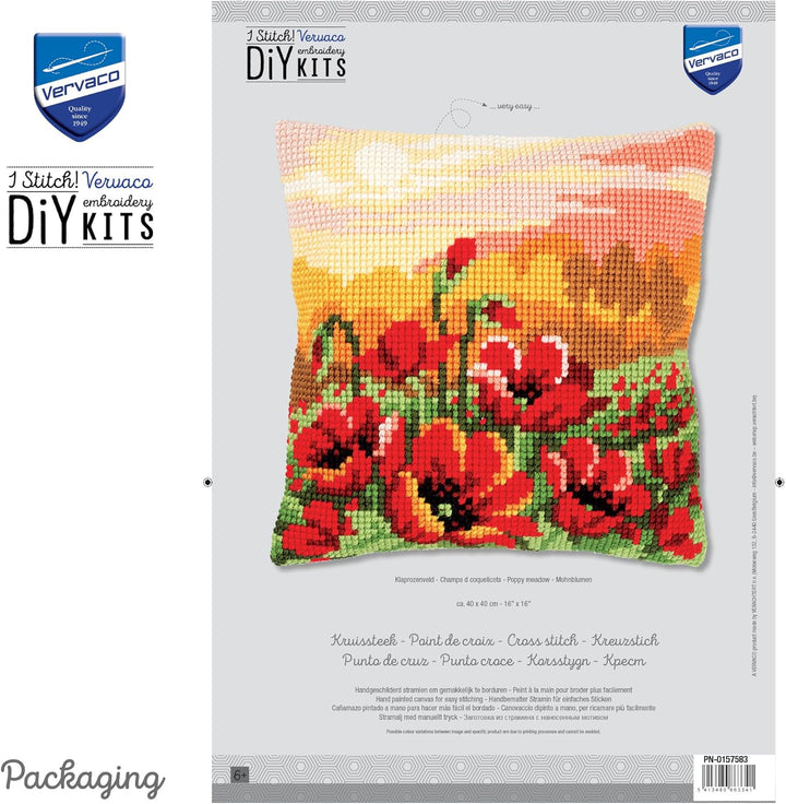 Vervaco PN-0157583 Mohnblumen Kreuzsichkissen vorbedruckt, Baumwolle, mehrfarbig, 40 x 40 cm