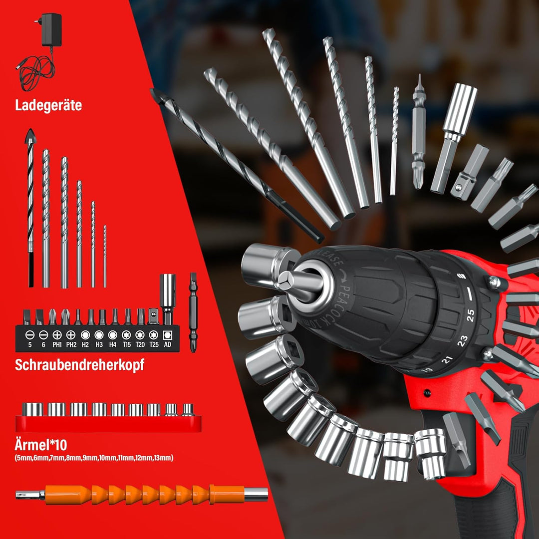 21V Akku Bohrschrauber Set，Akkuschrauber, mit 2 Akkus 1.5Ah,25+1 Drehmomentstufen, Akkubohrer 45Nm D