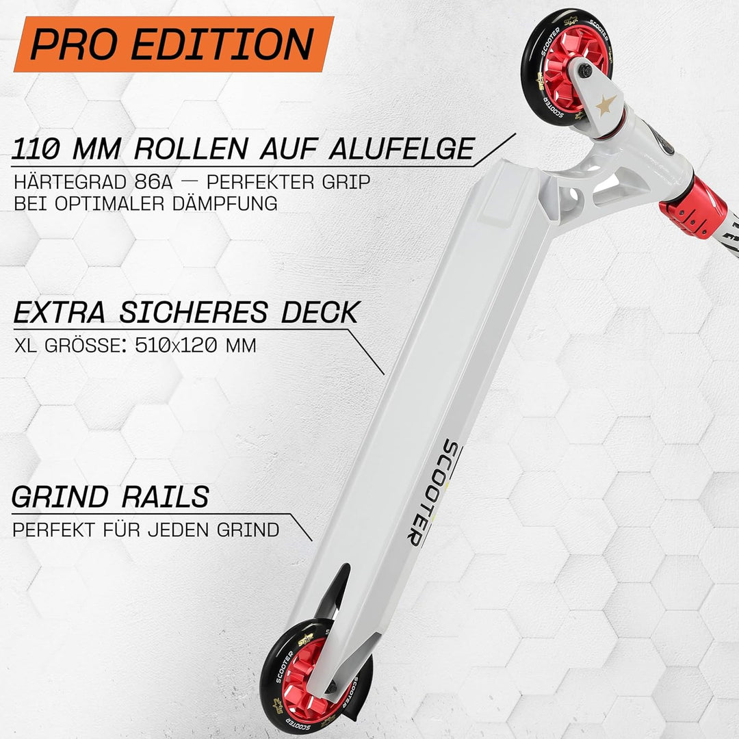 STAR SCOOTER Pro Sport Freestyle Kick Stunt Scooter für Kinder ab 7 Jahre, Erwachsene | 110 120mm Pr