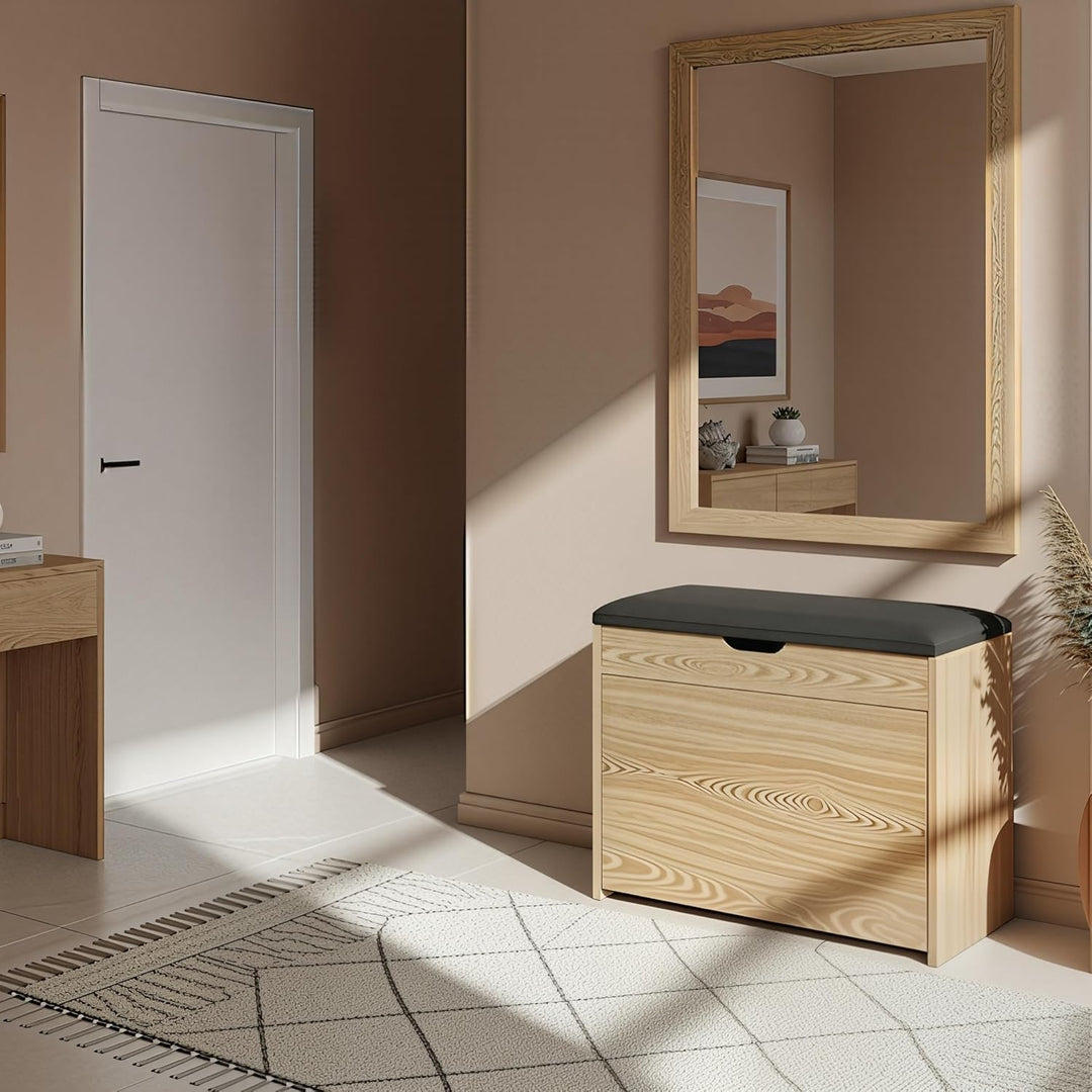 EDAXO MDF Schuhschrank mit Sitzbank und ausziehbaren Regalen, Polyester Polsterung, 57 x 30 x 53 cm,