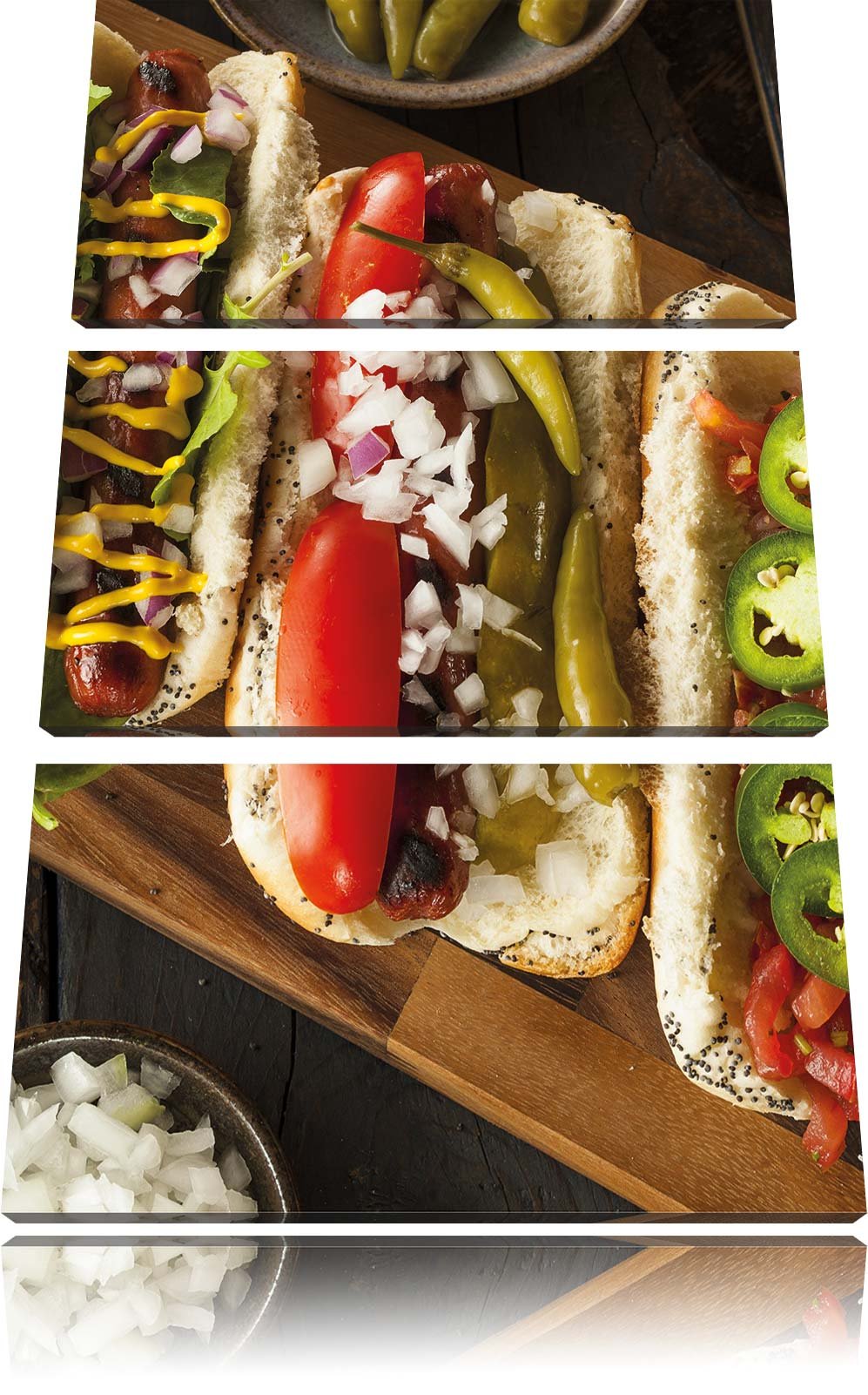 Pixxprint Amerikanische Hotdogs als Leinwandbild 3 teilig/Grösse: 3 Teilig (120x80) / Wandbild/Kunst