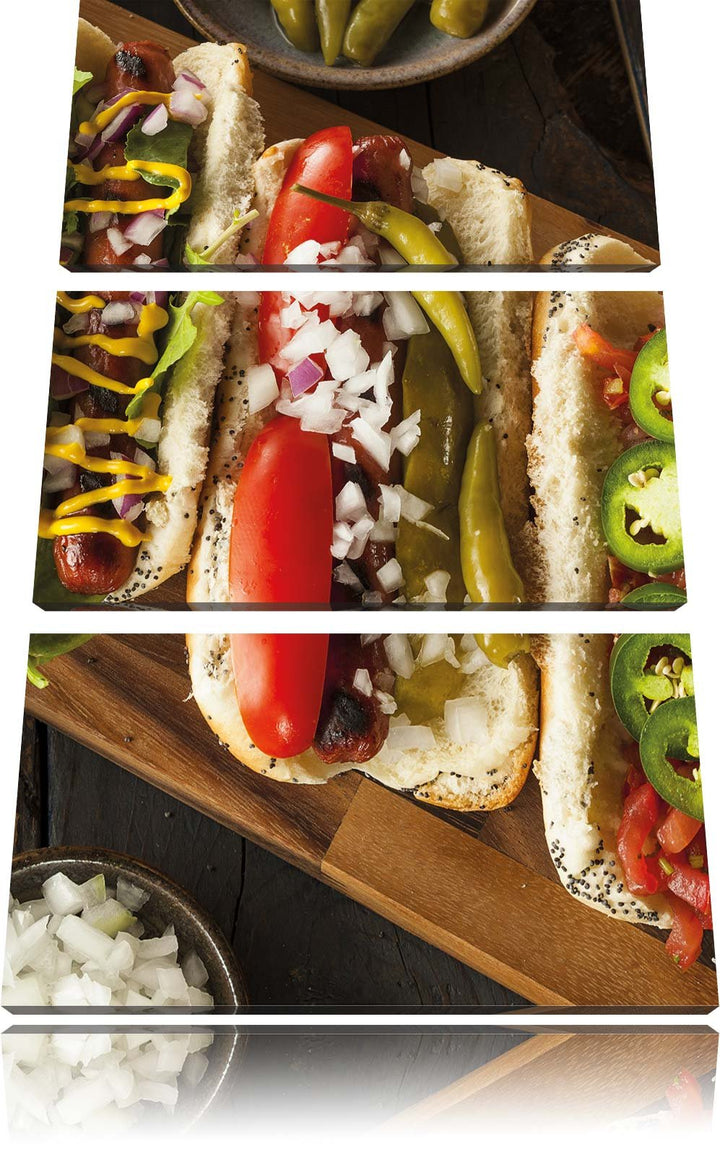Pixxprint Amerikanische Hotdogs als Leinwandbild 3 teilig/Grösse: 3 Teilig (120x80) / Wandbild/Kunst