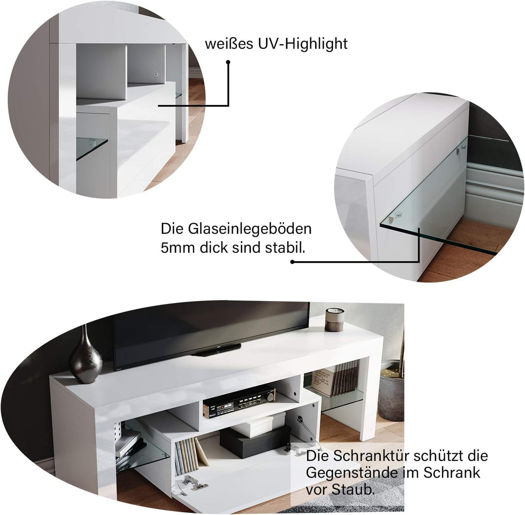 SONNI TV Board, Weiss Griffloses Design, TV Schrank, Hochglanz mit LED Beleuchtung, 12 Farben können
