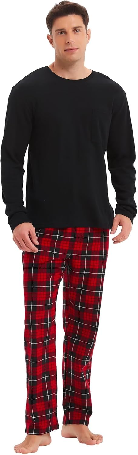 GLOBAL Herren Schlafanzüge Flanell Herren Pyjama Set Baumwolle Langarm-Pullover Oberteil und elastis