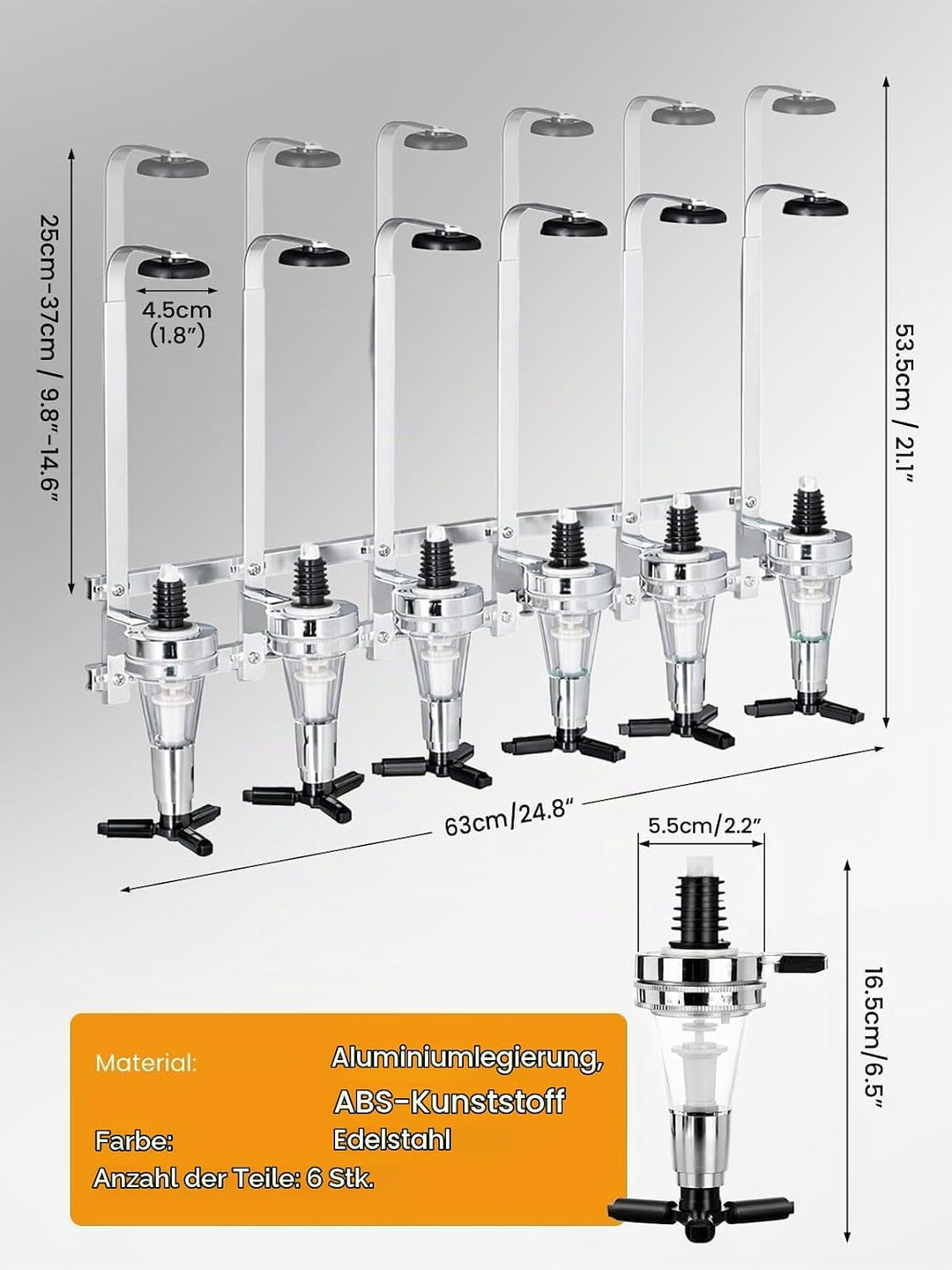 6-Fach Wandmontierter Schnapsspender 30 ml, Aluminiumlegierung Bar Butler Flaschenhalter, Höhenverst