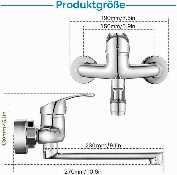 Wasserhahn Küche Wandmontage, 360° Drehbar Wasserhahn Mischbatterie Küche Wandarmatur, Einhebelmisch