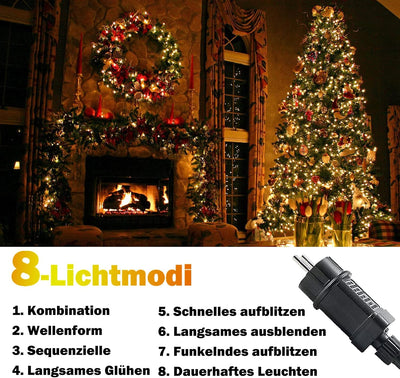 Lichterkette Aussen Innen LED Lichterkette 20m 200LEDs mit Timer, 8 Modi, Speicherfunktion, IP44 Was