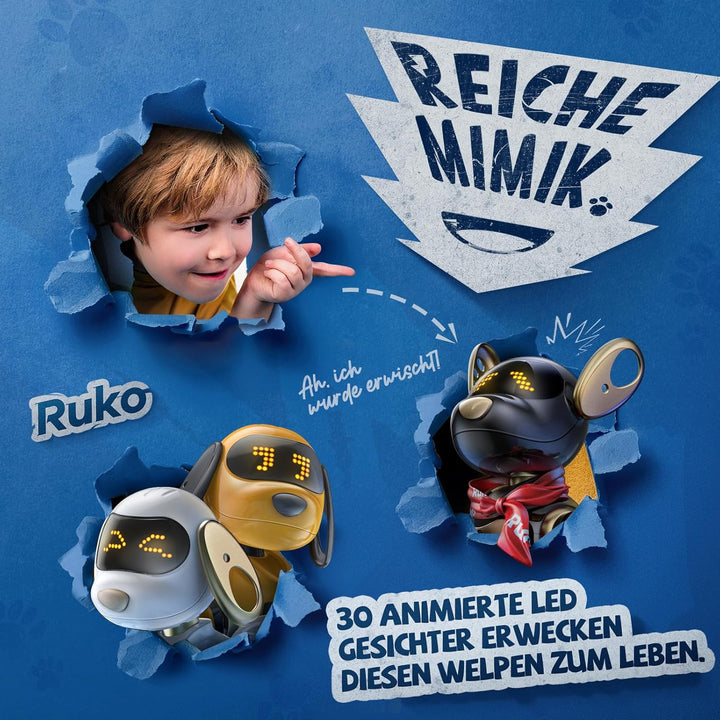 Ruko 18011 Roboter Robo Hund für Kinder, LED Ausdrücke, Schwarz Gold | programmierbar, 2,4 GHz Fernb