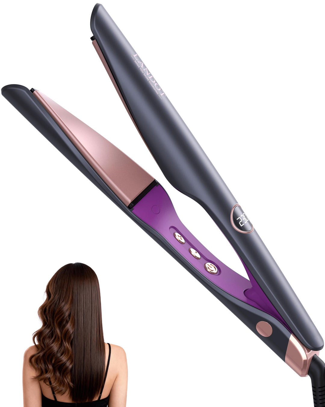 LANDOT Glätteisen für Locken & Glätten: 2 in 1 Lockenstab und Glätteisen mit Geschwungenen Platten -