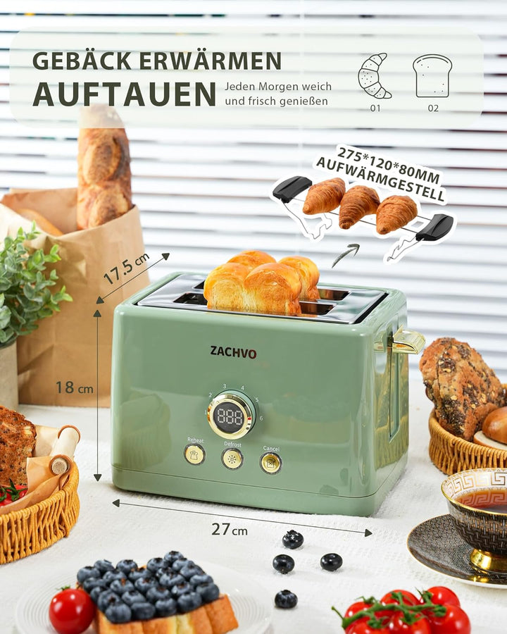 Toaster 2 Scheiben - ZACHVO Toaster mit Brötchenaufsatz, 6 Bräunungsstufe - 850W Toaster mit Herausn