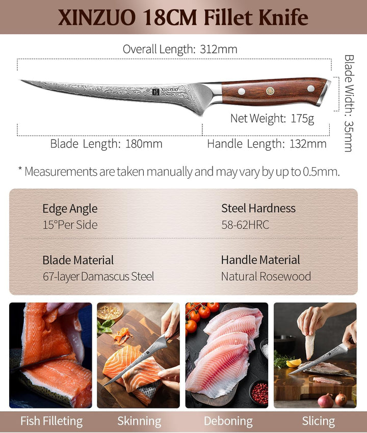 XINZUO Damaststahl 18cm Filetiermesser, 67 Schichten Damastmesser Fischmesser Profi Kochmesser, Dama