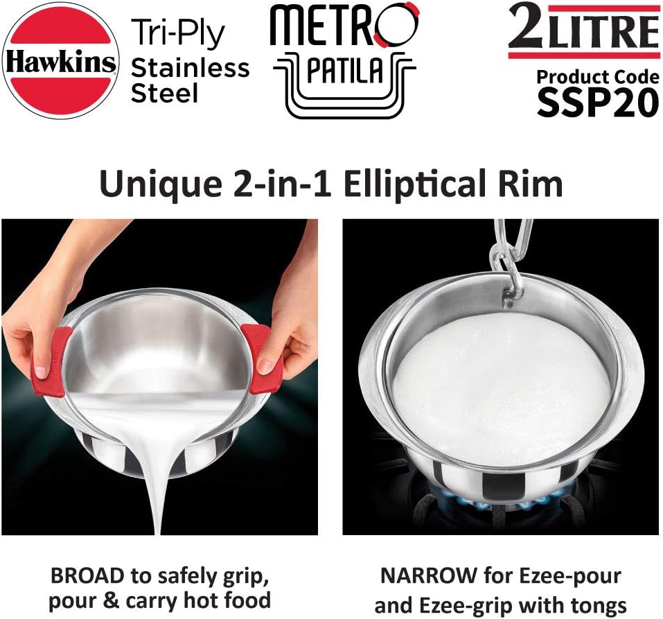 Hawkins Metro Patila SSP20, dreilagig, Edelstahl, Induktionsgeeignet, 2 l 2 Litre Silber, 2 Liter Si