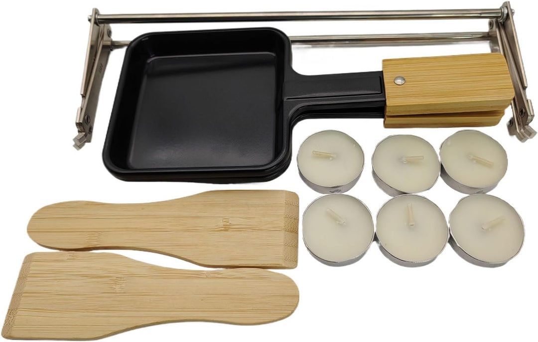 Tragbares Mini Raclette Set für 2 Personen, 2 Antihaft Pfännchen mit Bambusgriff, 2 Bambusspatel, Kl