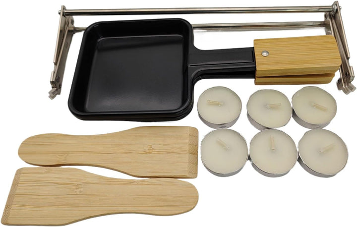 Tragbares Mini Raclette Set für 2 Personen, 2 Antihaft Pfännchen mit Bambusgriff, 2 Bambusspatel, Kl