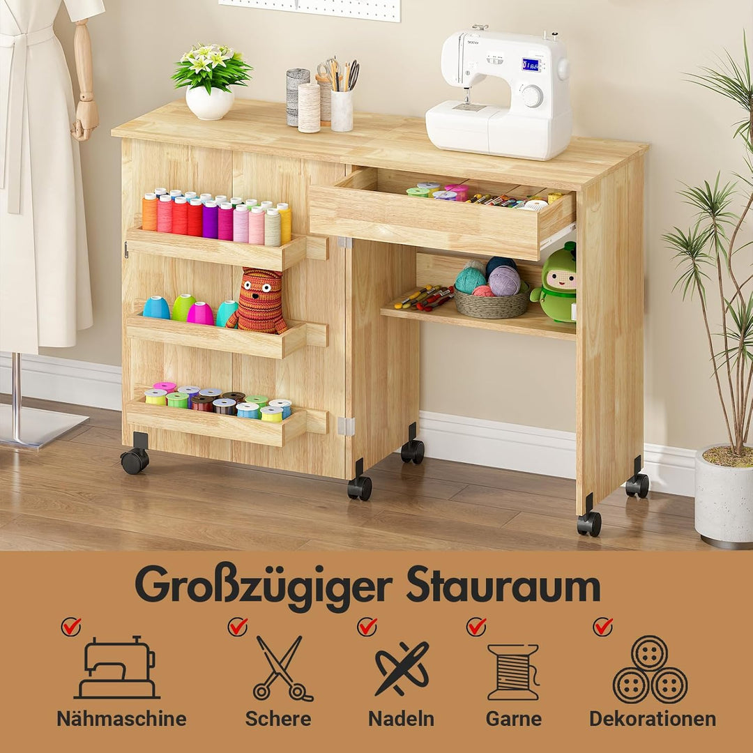 Nähtisch Klappbar, 2-in-1 Nähmaschinentisch, Nähmaschinenschrank mit Offenen Ablagefächern und Rolle