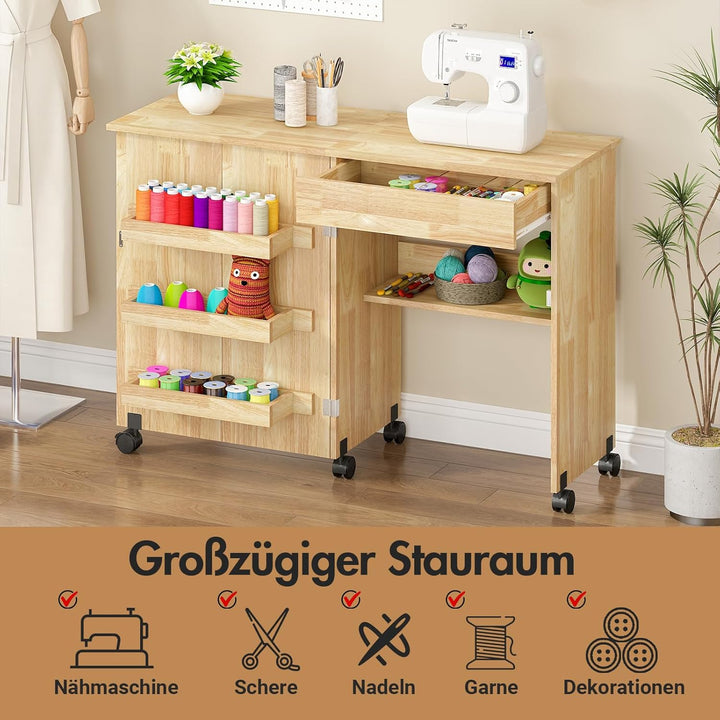 Nähtisch Klappbar, 2-in-1 Nähmaschinentisch, Nähmaschinenschrank mit Offenen Ablagefächern und Rolle