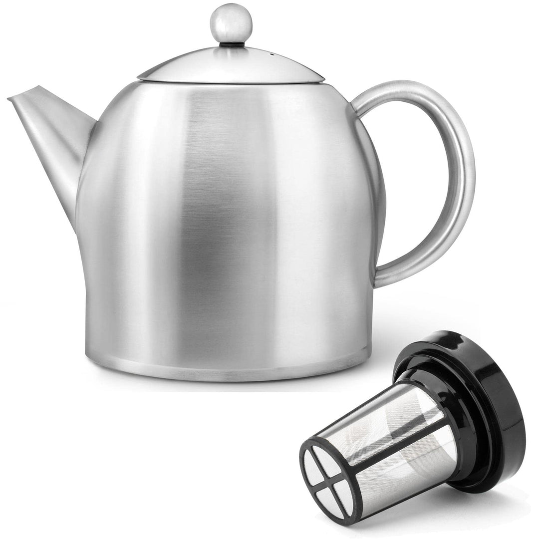 Teekanne Set 1.4 Liter - Edelstahl matt doppelwandig - Grosser Teebereiter mit Tee-Filter-Sieb-Aufsa
