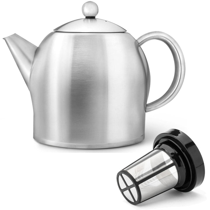 Teekanne Set 1.4 Liter - Edelstahl matt doppelwandig - Grosser Teebereiter mit Tee-Filter-Sieb-Aufsa