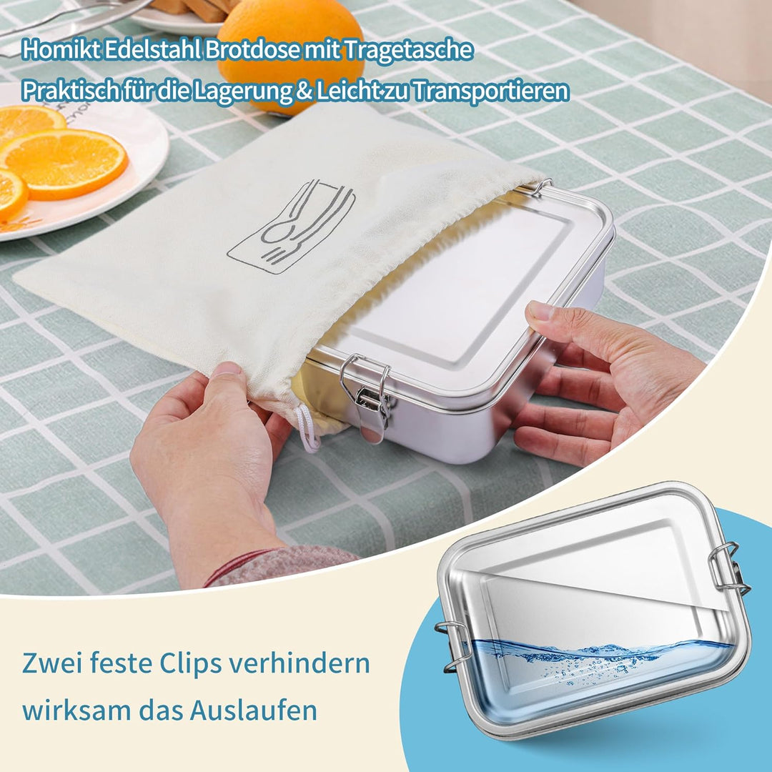 Homikit Edelstahl Brotdose mit 2 Fächern, 850ml Bento Box mit Tasche für Kinder und Erwachsene, Ausl