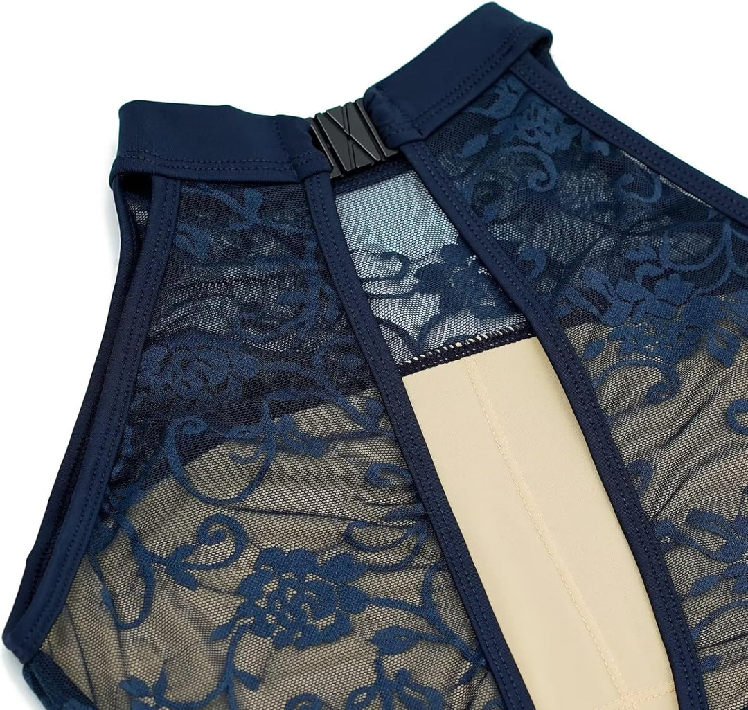 Nackennetz Rückenfrei Gymnastik Trikots Ballett Tanz Trikots für Damen,mit BH Pad Blau S, Blau S