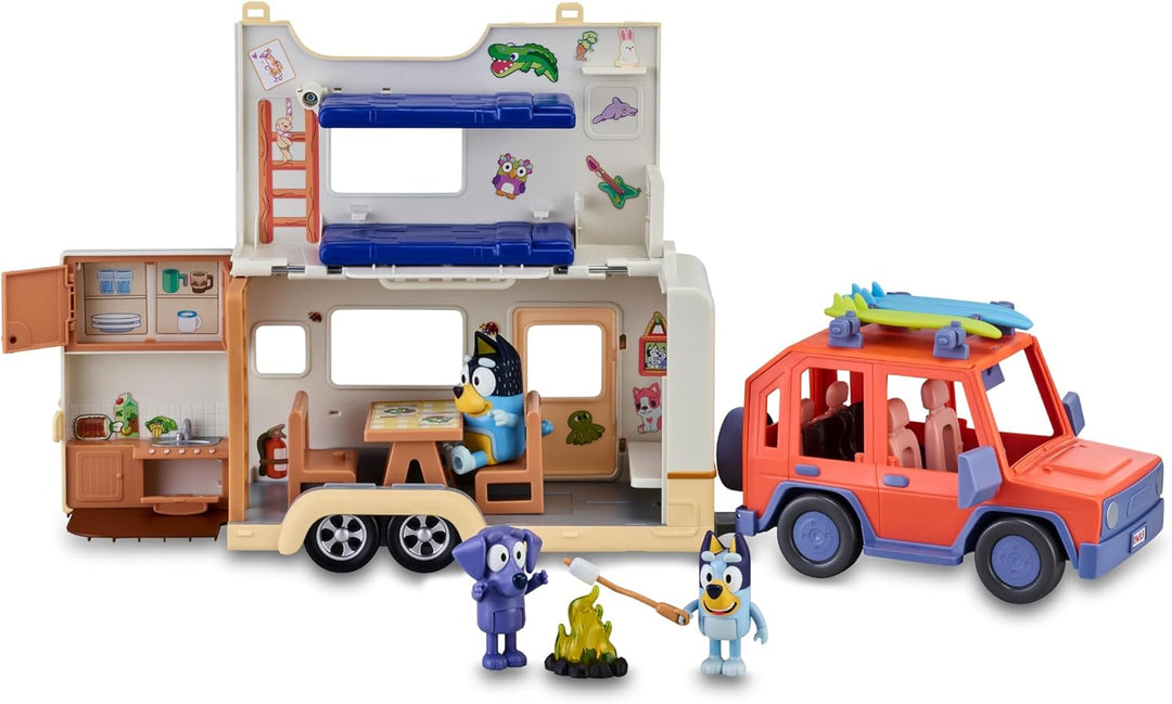 Bluey - Set Family Cruiser + Campervan, Playset für Familienautos, mit 3 Figuren, 10 Accessoires und
