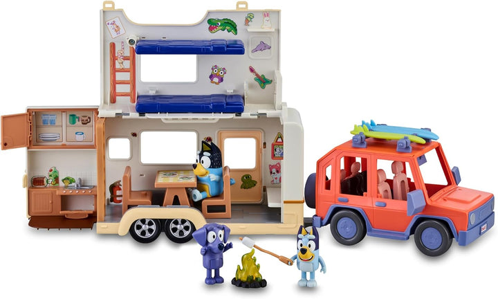 Bluey - Set Family Cruiser + Campervan, Playset für Familienautos, mit 3 Figuren, 10 Accessoires und