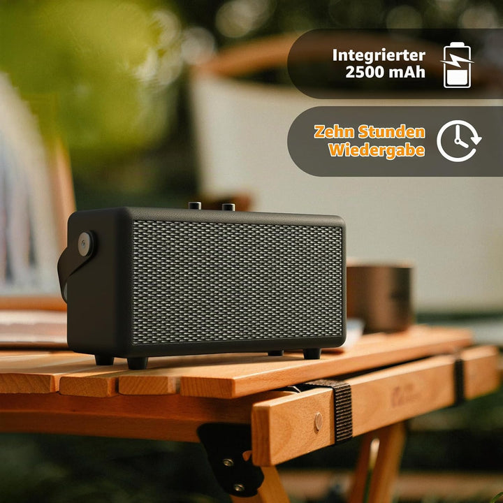 Tragbarer Retro Bluetooth-Lautsprecher mit Ledergriff und Drehregler