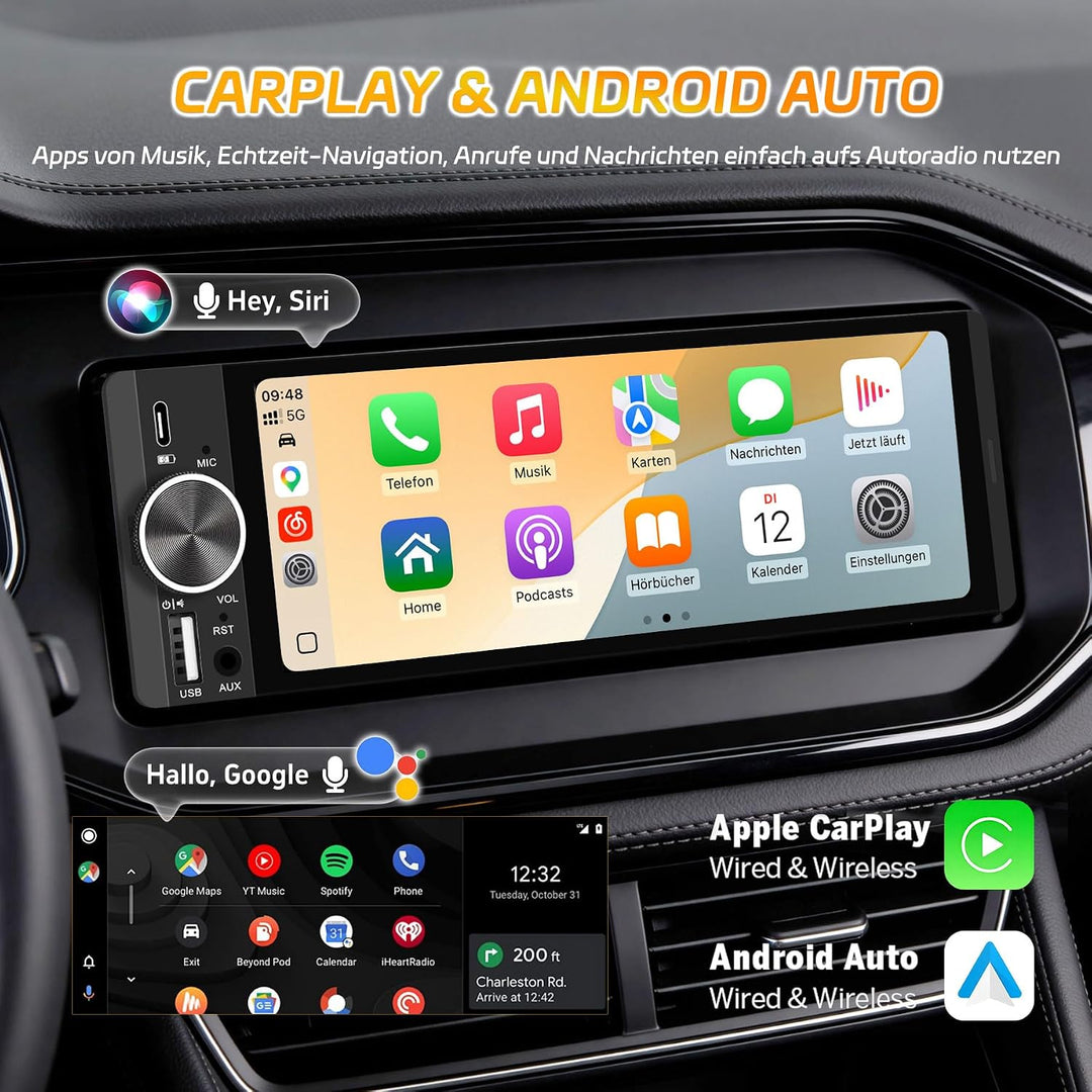 1DIN Bluetooth Autoradio mit Bildschirm, CarPlay &amp; Android Auto, Rückfahrkamera, Navi, FM, 6,28 Zoll