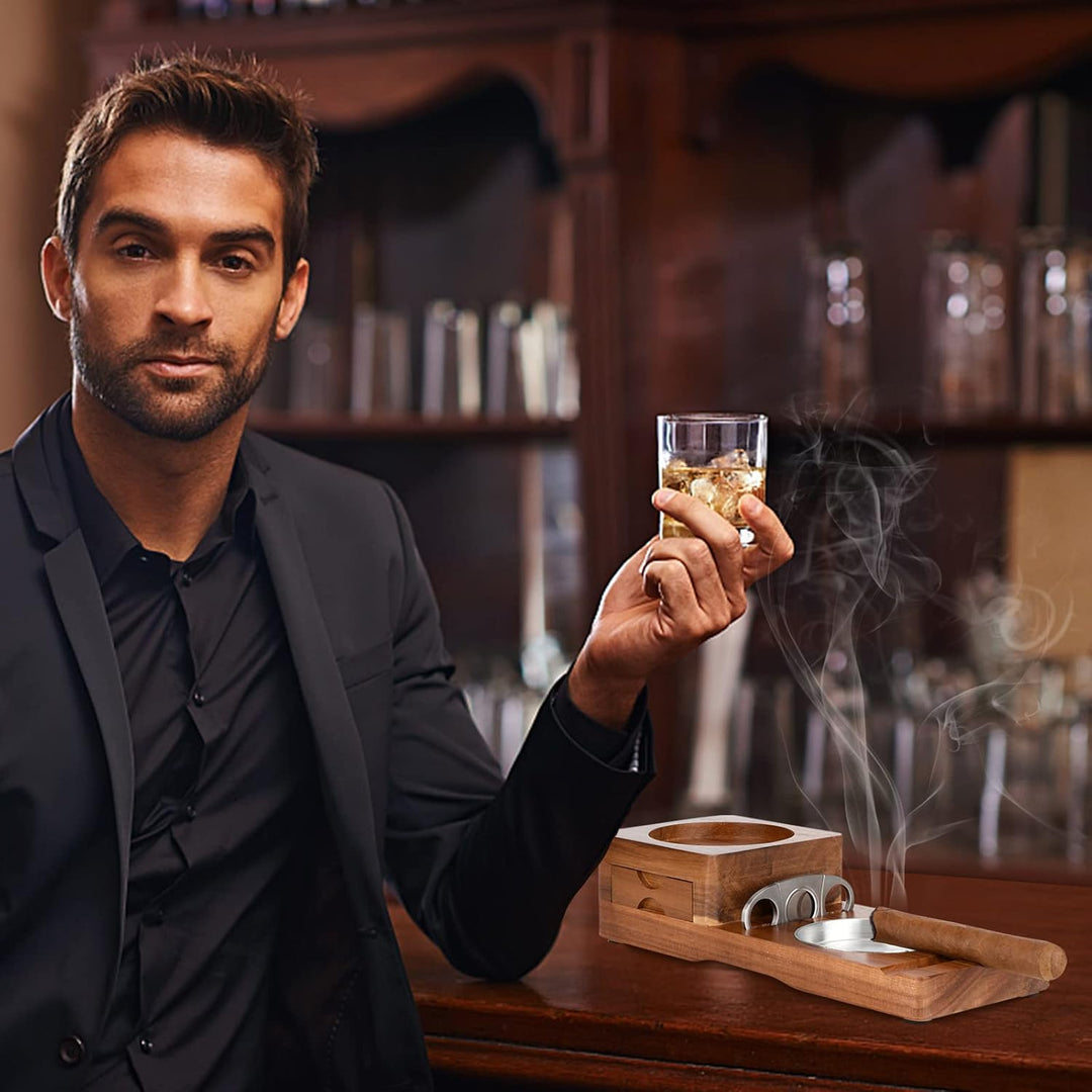 Scotte Zigarrenaschenbecher Untersetzer Whiskeyglas-Tablett & Holzaschenbecher mit Zigarrenschneider