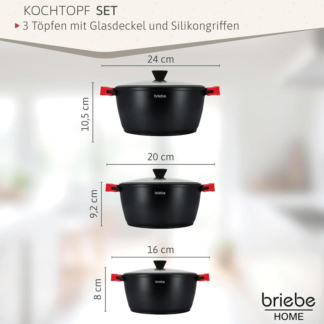 briebe Black Titanium Kochtopf Set Induktion Kochgeschirr 6-Teilig, 3 Töpfen aus Aluminiumguss, Anti