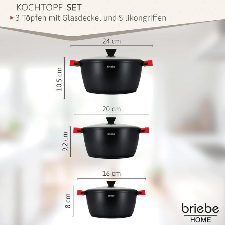 briebe Black Titanium Kochtopf Set Induktion Kochgeschirr 6-Teilig, 3 Töpfen aus Aluminiumguss, Anti