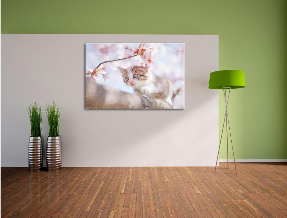 Pixxprint Süsses Kätzchen im Kirschbaum Kunst Buntstift Effekt, Format: 100x70 auf Leinwand, XXL rie