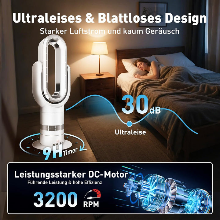 QG660 Bladeless Turmventilator, 2-in-1 Heizgerät & Kühlventilator, 10 Kühl- & 3 Heizstufen, Fernbedi