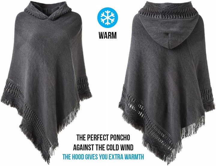 Ferand Damen Poncho mit Kapuze und gehäkeltem Cape mit Fransensaum für Herbst Winter Einheitsgrösse
