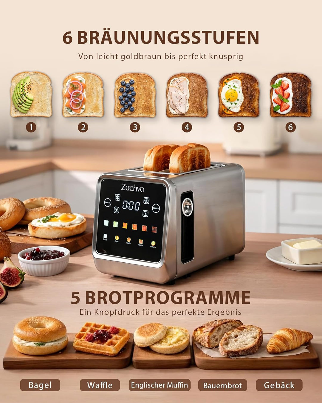 Edelstahl Toaster 2 Scheiben, Digitaler Touch Toaster mit Sandwich-Zange & abnehmbarem Brötchenaufsa