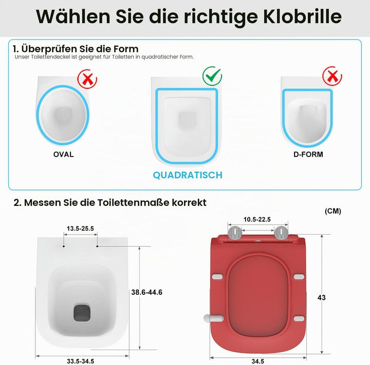 WC Sitz Eckig Form, Toilettendeckel mit Absenkautomatik, Klobrille Duroplast mit Schnellverschluss,